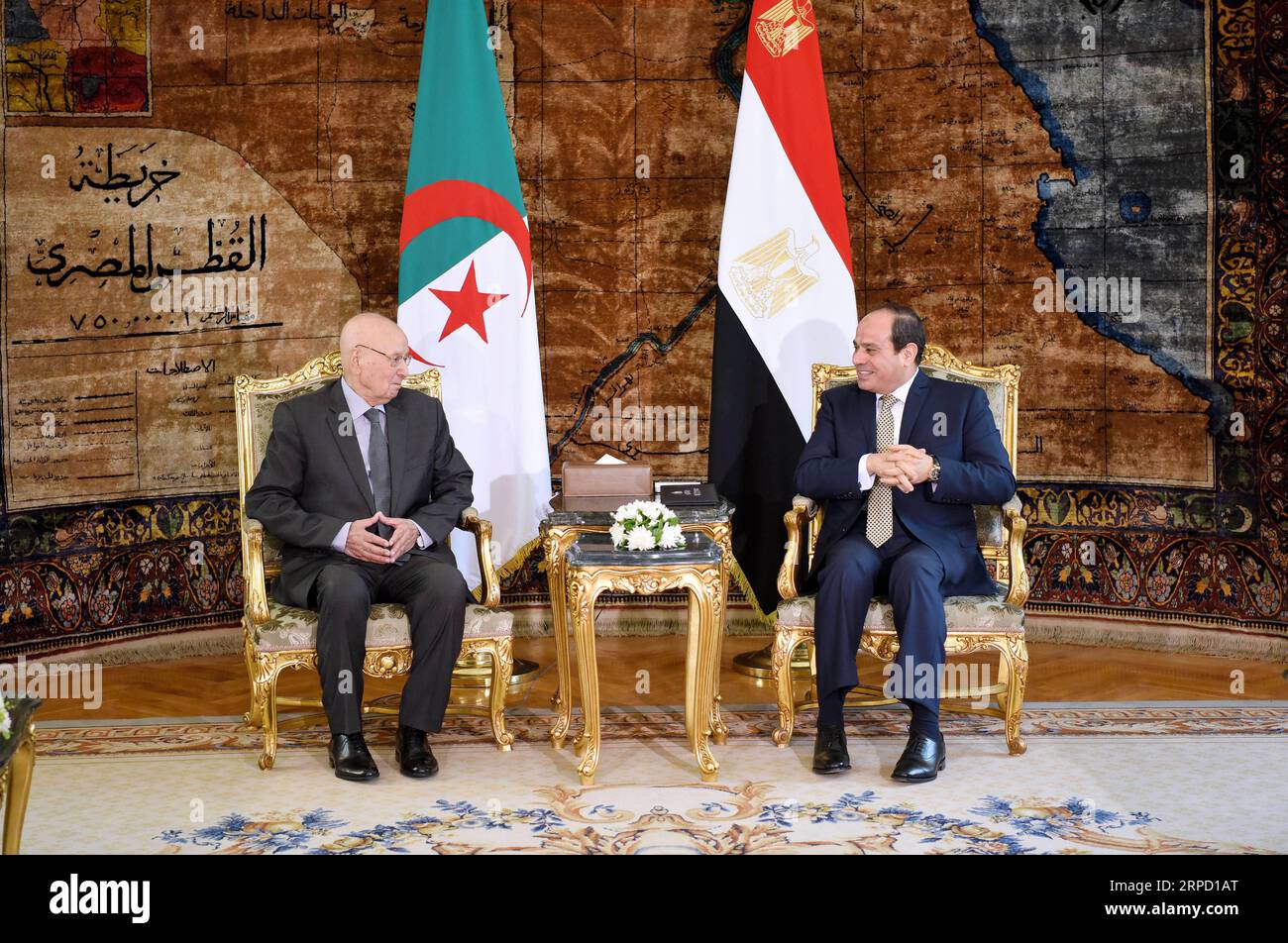 (190718) -- CAIRO, July 18, 2019 -- Egyptian President Abdel-Fattah al-Sisi (R) meets with visiting Algeria s interim President Abdelkader Bensalah in Cairo, Egypt on July 18, 2019. Algeria s interim President Abdelkader Bensalah arrived here Thursday to support his country s team against Senegal in the 2019 Africa Cup of Nations (AFCON) final, official news agency reported. ( via Xinhua) EGYPT-CAIRO-ALGERIA S INTERIM PRESIDENT-VISIT MENA PUBLICATIONxNOTxINxCHN Stock Photo