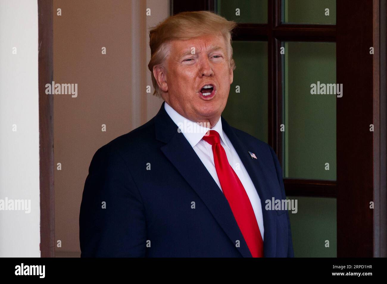 (190718) -- WASHINGTON, July 18, 2019 (Xinhua) -- U.S. President Donald Trump speaks to the media at the White House in Washington D.C., the United States, on July 18, 2019. Donald Trump announced on Thursday that a U.S. warship destroyed an Iranian drone in the Strait of Hormuz. Speaking at the White House, Trump said that USS Boxer, an amphibious assault ship of the U.S. Navy, destroyed the drone that threatened the U.S. warship by flying within 1,000 yards of it. (Xinhua/Ting Shen) U.S.-WASHINGTON D.C.-TRUMP-IRAN-DRONE PUBLICATIONxNOTxINxCHN Stock Photo