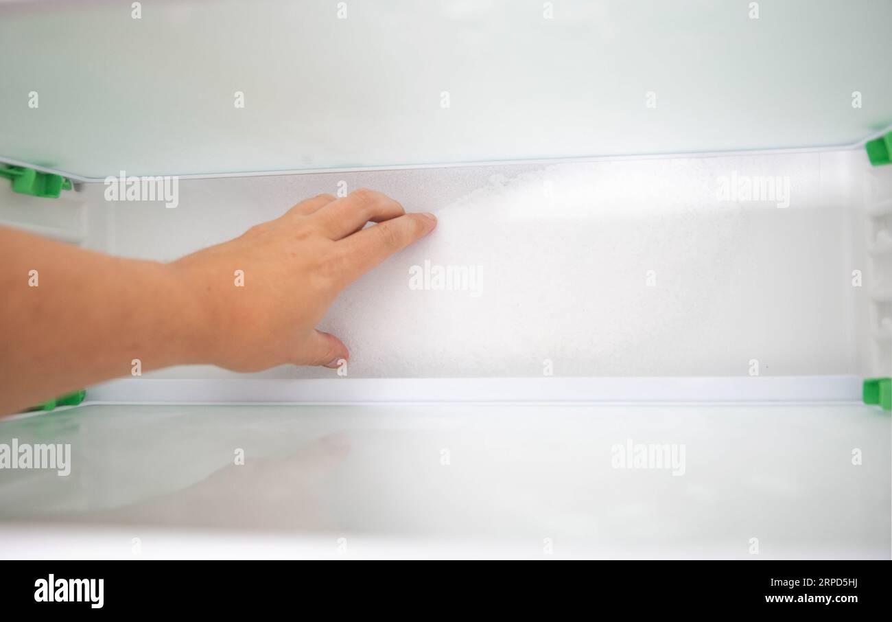 Ice and snow build up on the back wall of the refrigerator