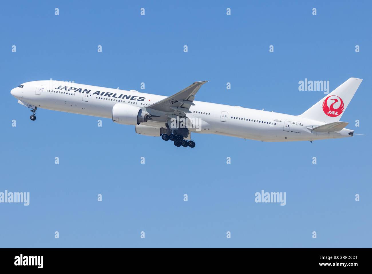 JA736J Japan Airlines Boeing 777-346ER Departing Los Angeles International (LAX / KLAX) Stock Photo
