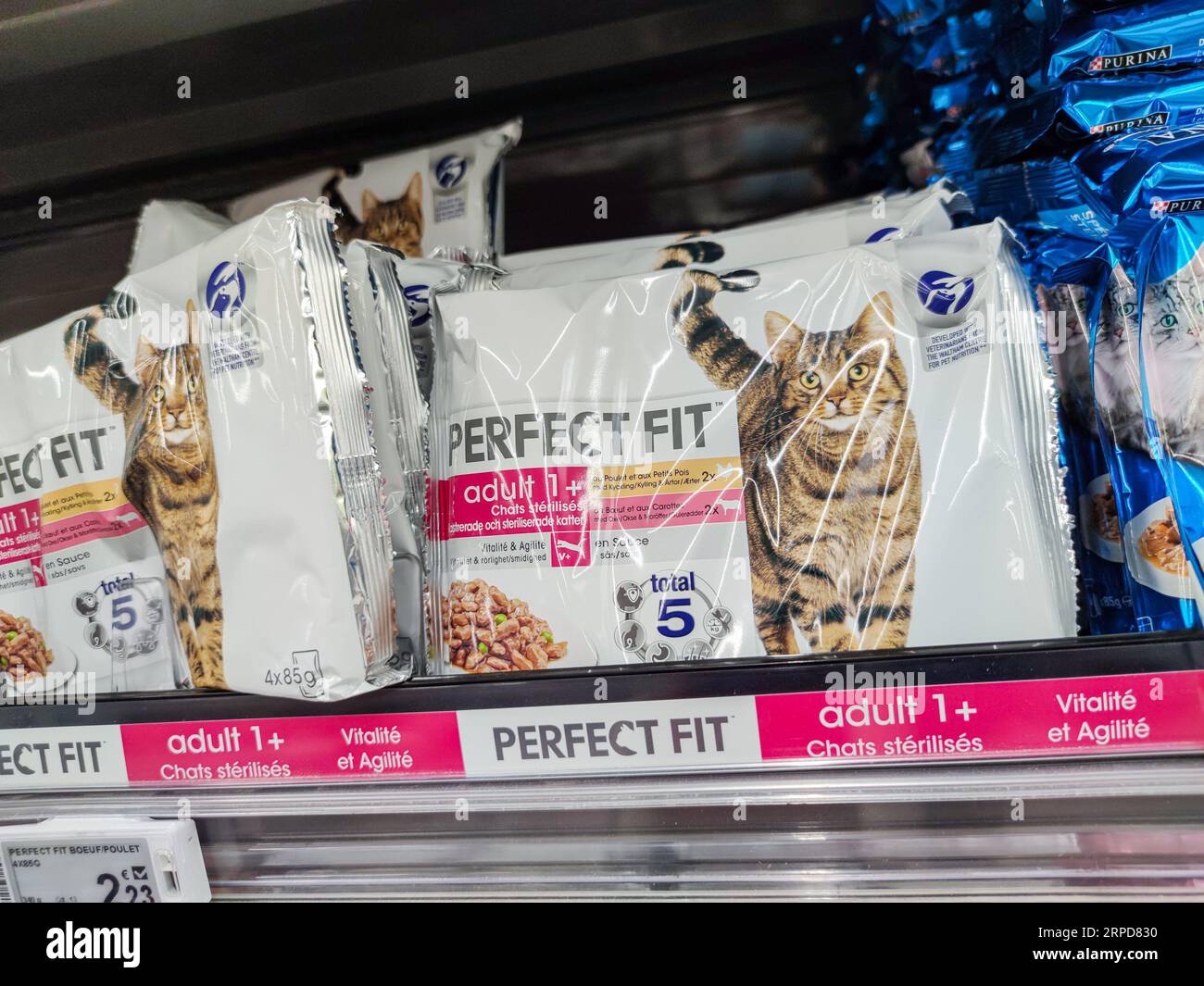 Surgeres, France - October 17, 2020:Raw of pouches of Perfect Fit cat food in a French Pet Store Stock Photo