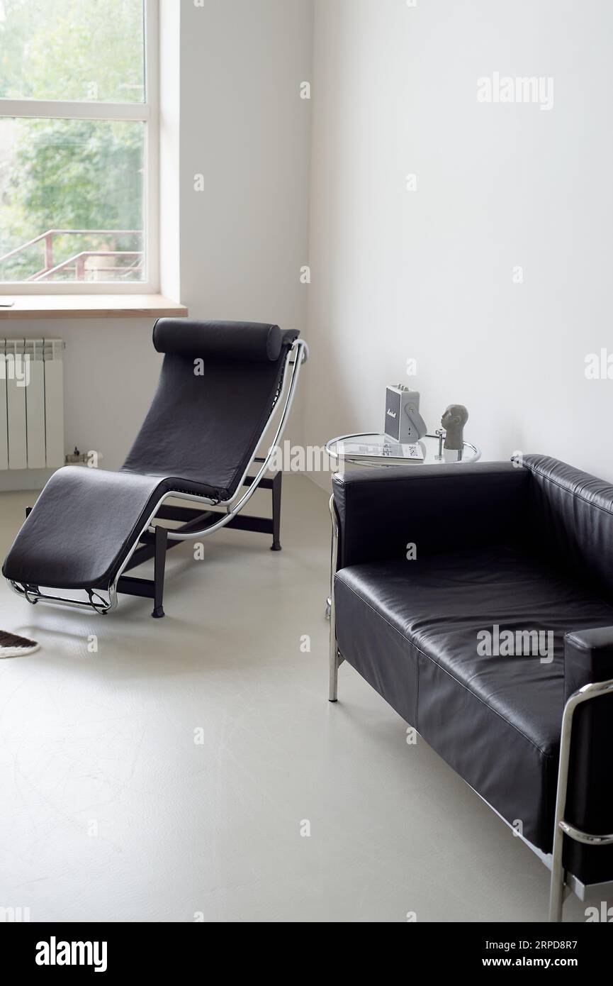 Psychoanalyst's office. Black and white minimalism. Sofa and couch