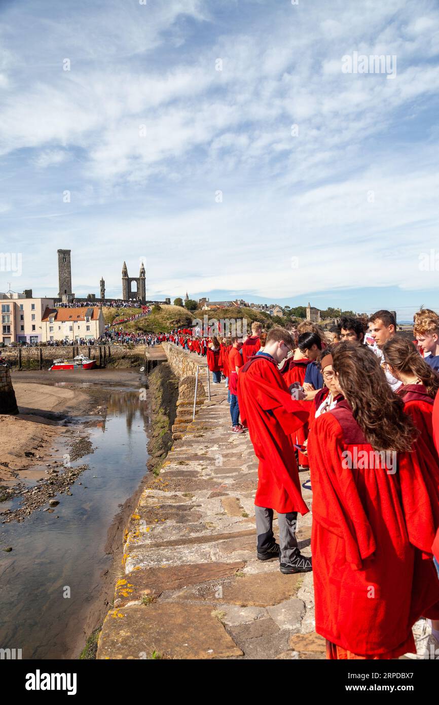 New students at the University of St Andrews wearing red robes take part in the traditional Pier Walk along the harbour walls of St Andrews Stock Photo
