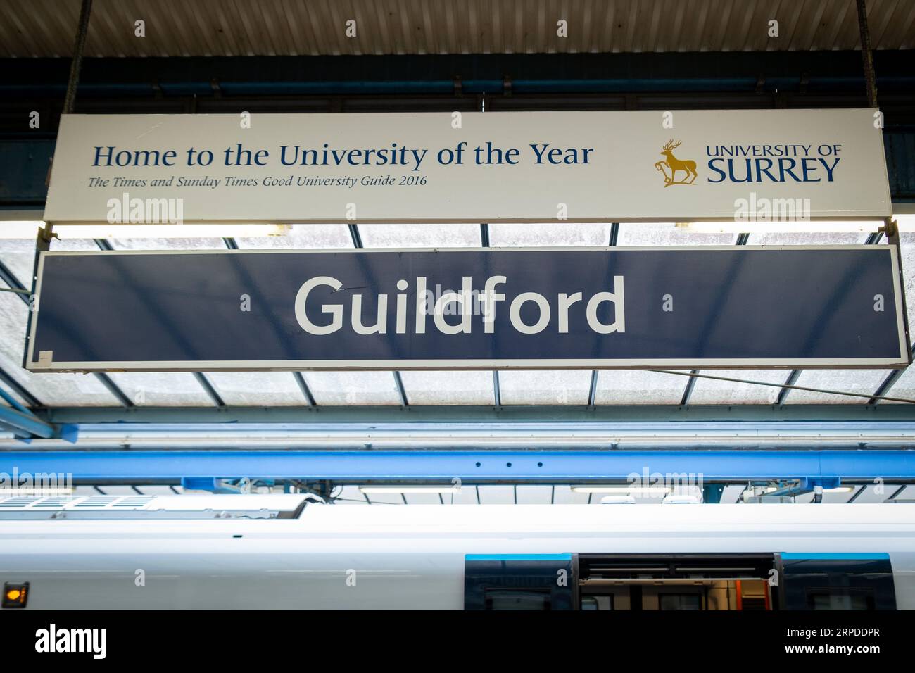 GUILDFORD, SURREY, UK- AUGUST 31, 2023: Guildford Railway Station- station signage on platform Stock Photo