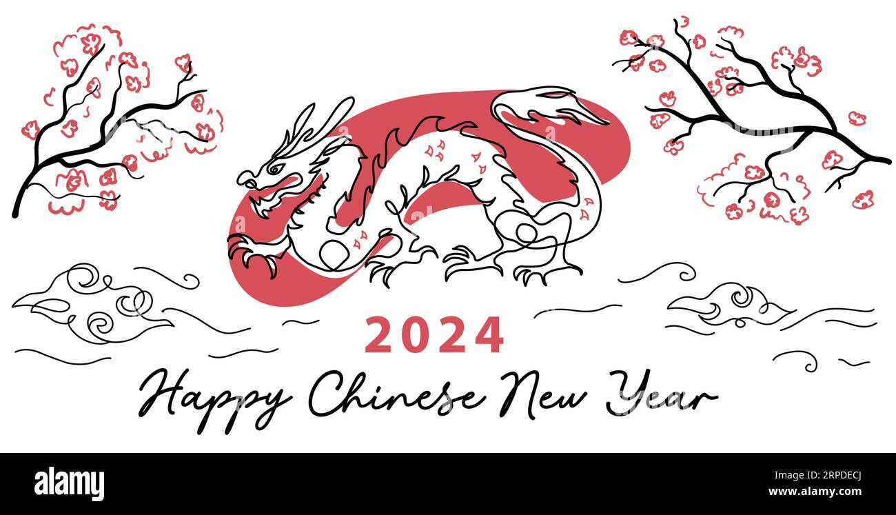 Dragon year, Happy Chinese new year 2024. Dragon vector poster, banner with sakura blossom Stock Vector