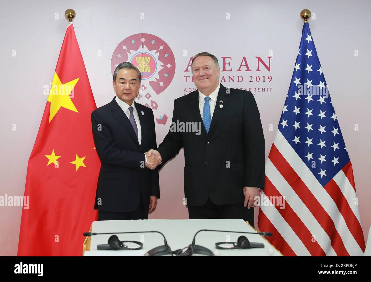 190801 -- BANGKOK, Aug. 1, 2019 -- Chinese State Councilor and Foreign Minister Wang Yi L meets with U.S. Secretary of State Mike Pompeo in Bangkok, Thailand, Aug. 1, 2019.  THAILAND-BANGKOK-CHINA-WANG YI-U.S.-MIKE POMPEO-MEETING ZhangxKeren PUBLICATIONxNOTxINxCHN Stock Photo