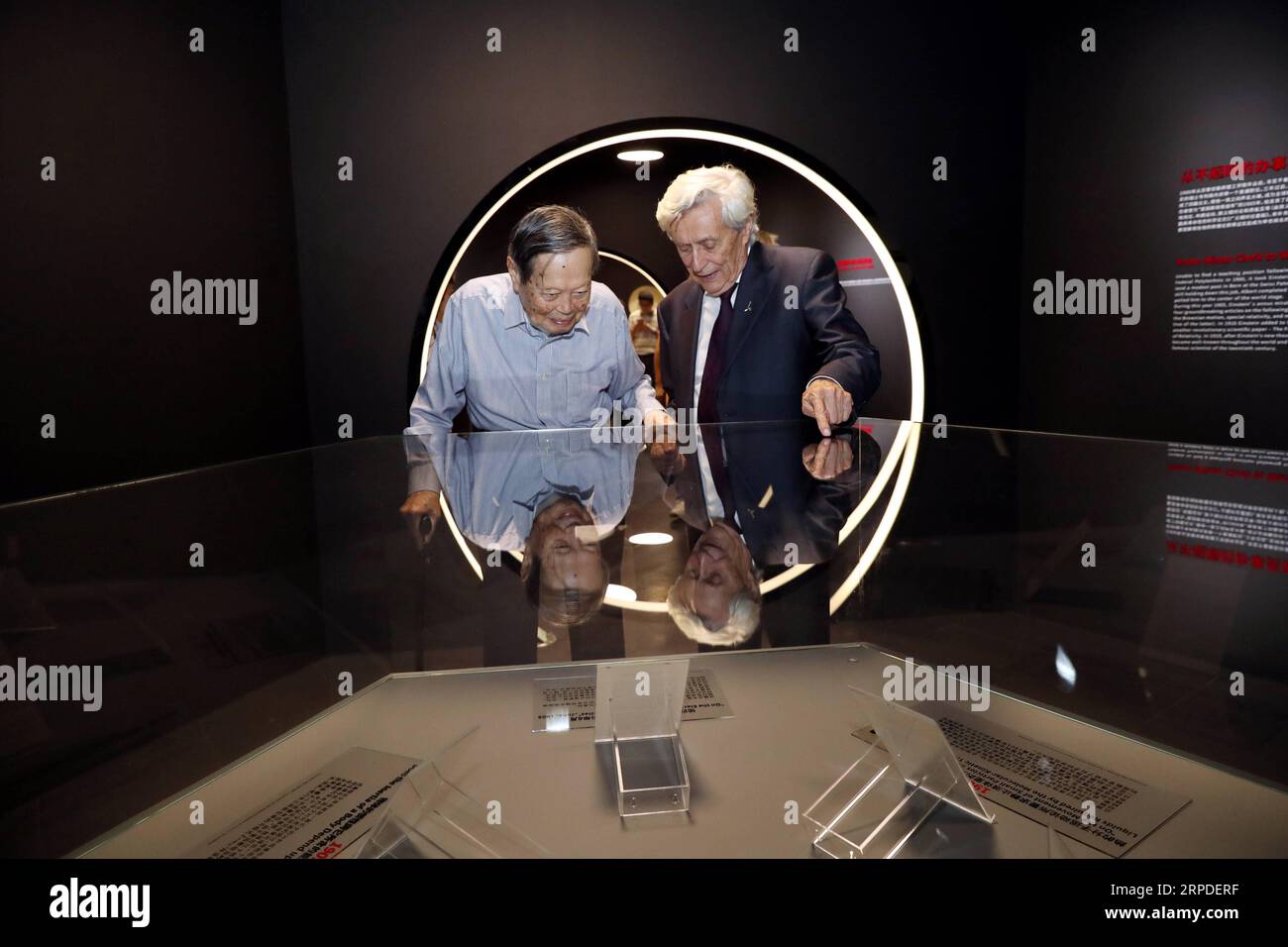 China, Einstein-Ausstellung in Shanghai (190802) -- SHANGHAI, Aug. 2, 2019 -- Nobel Laureate in Physics Yang Chen-ning (L) and former president of the Hebrew University of Jerusalem Hanoch Gutfreund view exhibits at the World Expo Museum in east China s Shanghai, Aug. 1, 2019. An exhibition of Albert Einstein opens to public here on Aug. 2, showcasing over 100 exhibits related to the brilliant scientist. This year marks the 140 anniversary of the scientist s birth. ) CHINA-SHANGHAI-ALBERT EINSTEIN-EXHIBITION (CN) LiuxYing PUBLICATIONxNOTxINxCHN Stock Photo