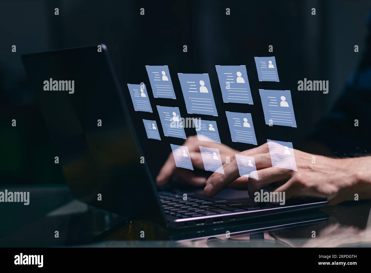 Human resources data base technology concept. HR manager male hands with laptop choose database personnel privacy for business work Stock Photo