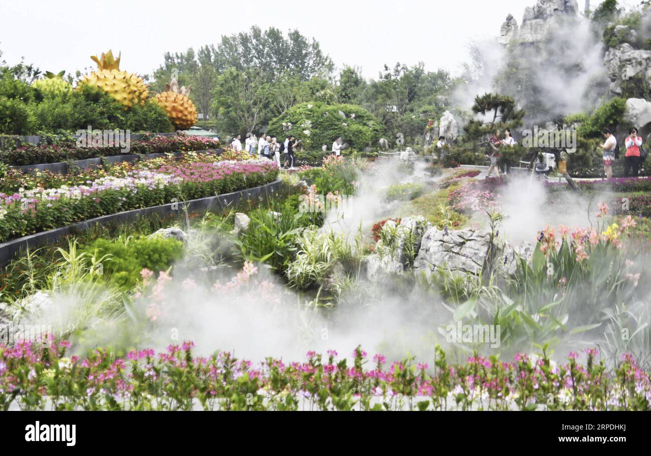(190805) -- BEIJING, Aug. 5, 2019 -- Tourists visit the Guizhou Garden at the Beijing International Horticultural Exhibition in Beijing, capital of China, Aug. 4, 2019. Guizhou, a landlocked province in southwest China, boasts itself with large mountainous areas and hills, which account for 92.5 percent of the province s total. As a pilot zone of national ecological civilization, Guizhou has in recent years been committed to developing itself into a tourist destination of mountain tourism to be known worldwide. Green development has become a name card for Guizhou, which can be manifested in th Stock Photo