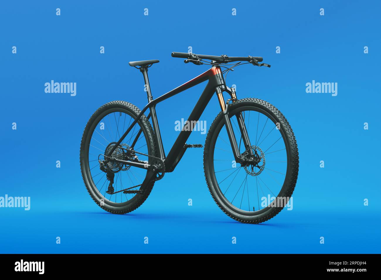 The image showcases a mountain bike in a studio setting against a blue background