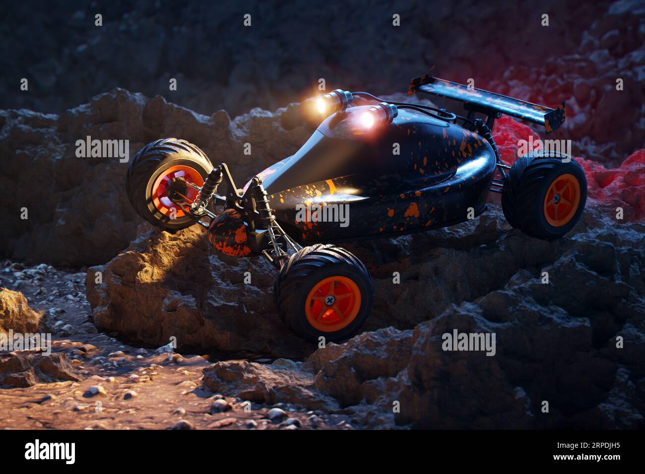 Remote-controlled car standing on rocks during the night with ...