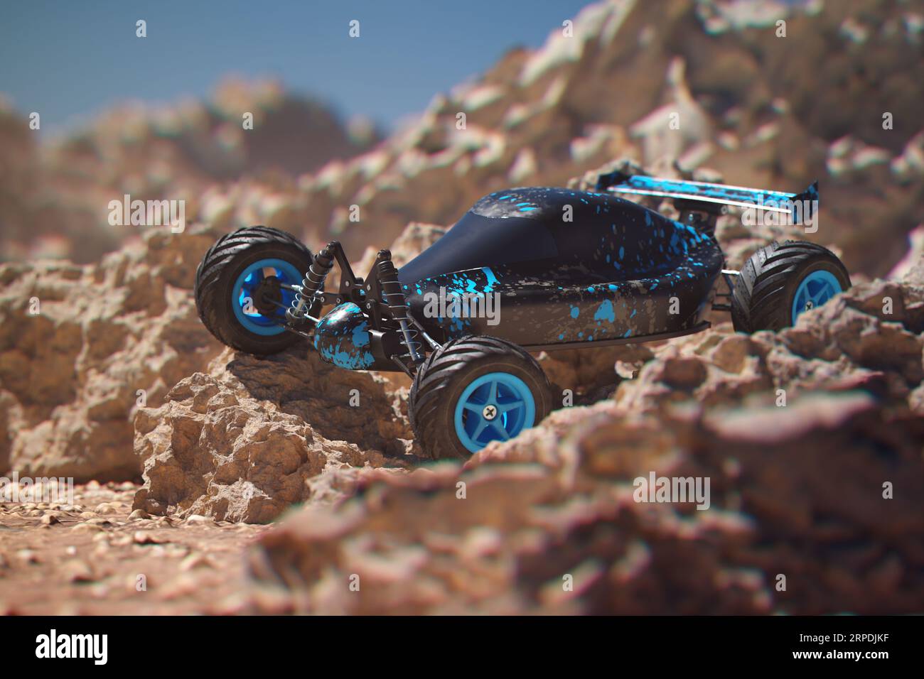Remote controlled car standing on rocks in a dusty desert on a