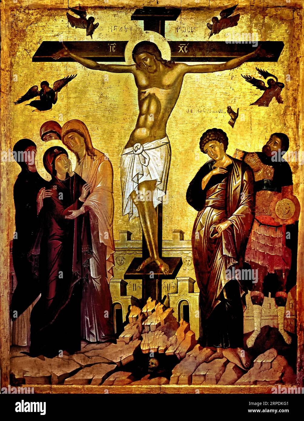 Crucifixion late 16th - early 17th century. Athens Greece Byzantine Museum Orthodox Church Greek ( Icon ) Iconography and stylistic features of this icon suggest that it originates from the milieu of the Cretan artist Emmanuel Lombardo's Stock Photo