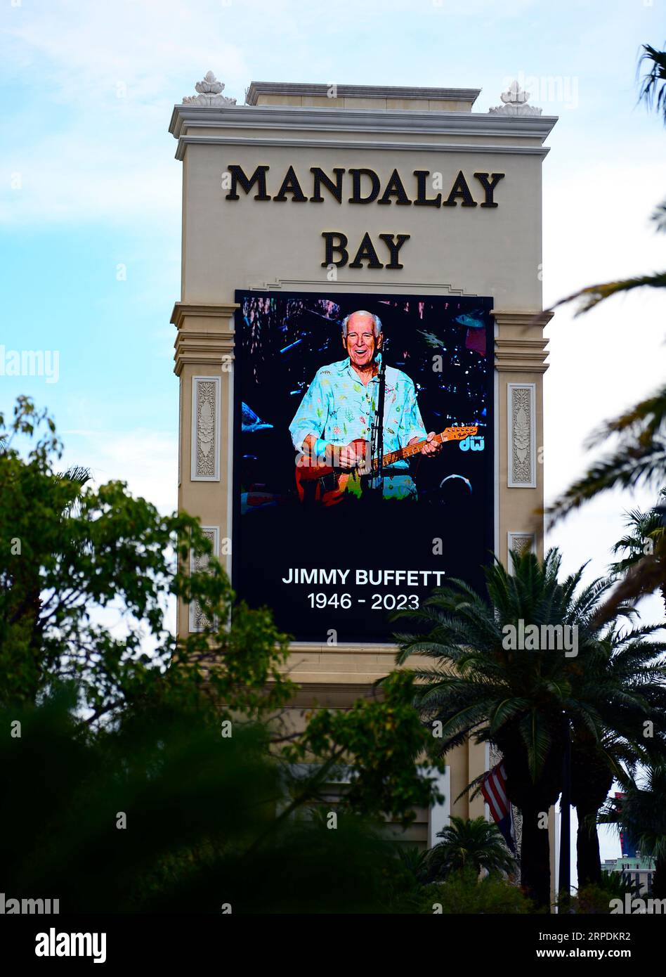The marquee at Mandalay Bay shows a tribute to Jimmy Buffett on September  2, 2023 in Las Vegas, Nevada. Buffett, a musician, entrepreneur and  philanthropist passed away surrounded by his family, friends