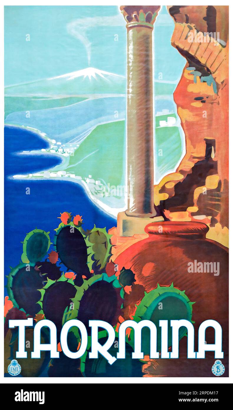 https://c8.alamy.com/comp/2RPDM17/1930-taormina-sicily-travel-poster-showing-mount-etna-a-catus-and-the-greco-roman-theatre-2RPDM17.jpg