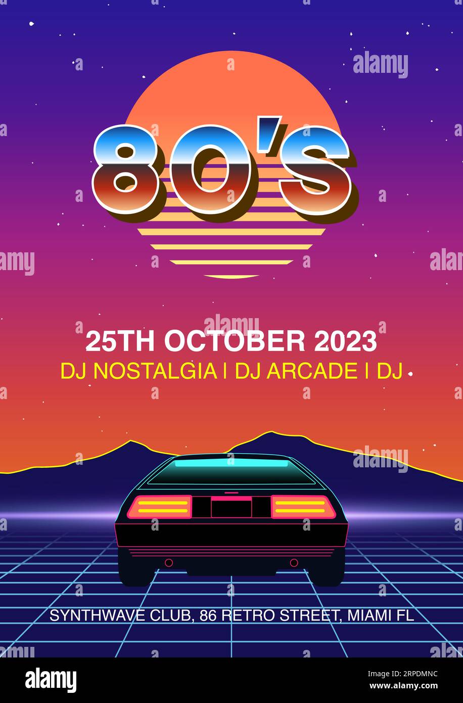 80's poster, flyer project with car, horizon, sunset, mountains and stars. Early 90's template for music event, concert and movie. Stock Vector