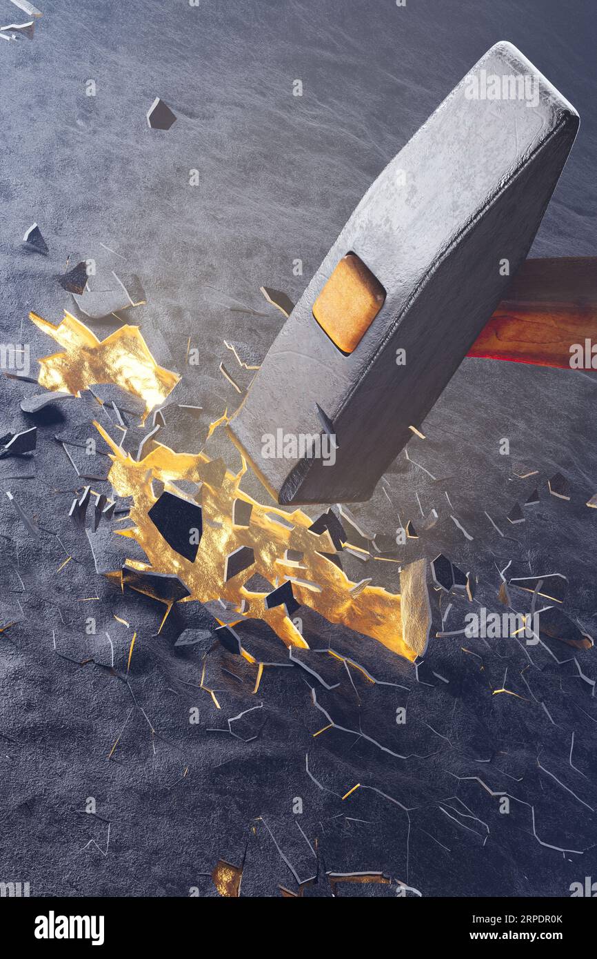 A gold mine concept. A hammer hits a rock and reviles gold bullion. Golden ore Stock Photo Alamy