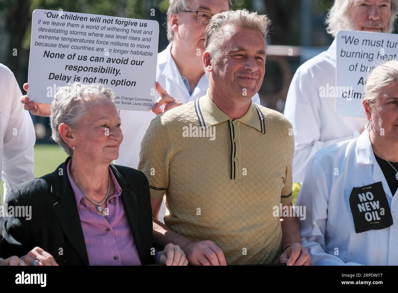 Parliament Square, London, UK. 4th Sept 2023. Campaigners including TV Celebrity and Wildlife Presenter, Chris Packham, and Jenny Jones, Baroness Jones of Moulsecoomb gather at the Houses of Parliament as MP’s return after the Summer Recess to protest against the Government issuing new licenses for oil and gas projects. Credit Mark Lear / Alamy Live News Stock Photo