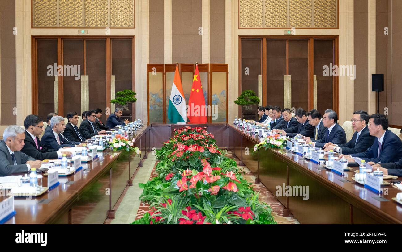 (190812) -- BEIJING, Aug. 12, 2019 -- Chinese State Councilor and Foreign Minister Wang Yi and Indian Minister of External Affairs Subrahmanyam Jaishankar co-chair the second meeting of the China-India high-level people-to-people exchanges mechanism, in Beijing, capital of China, Aug. 12, 2019. ) CHINA-BEIJING-WANG YI-INDIAN EXTERNAL AFFAIRS MINISTER-EXCHANGE-MECHANISM (CN) ZhaixJianlan PUBLICATIONxNOTxINxCHN Stock Photo