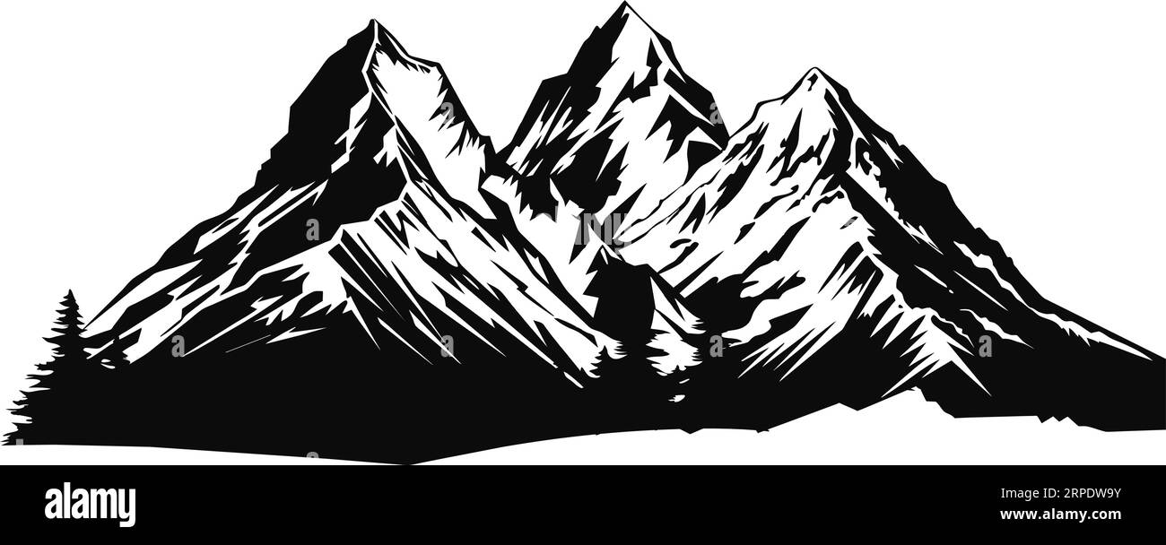 Mountain with pine trees and landscape black on white background. Hand ...