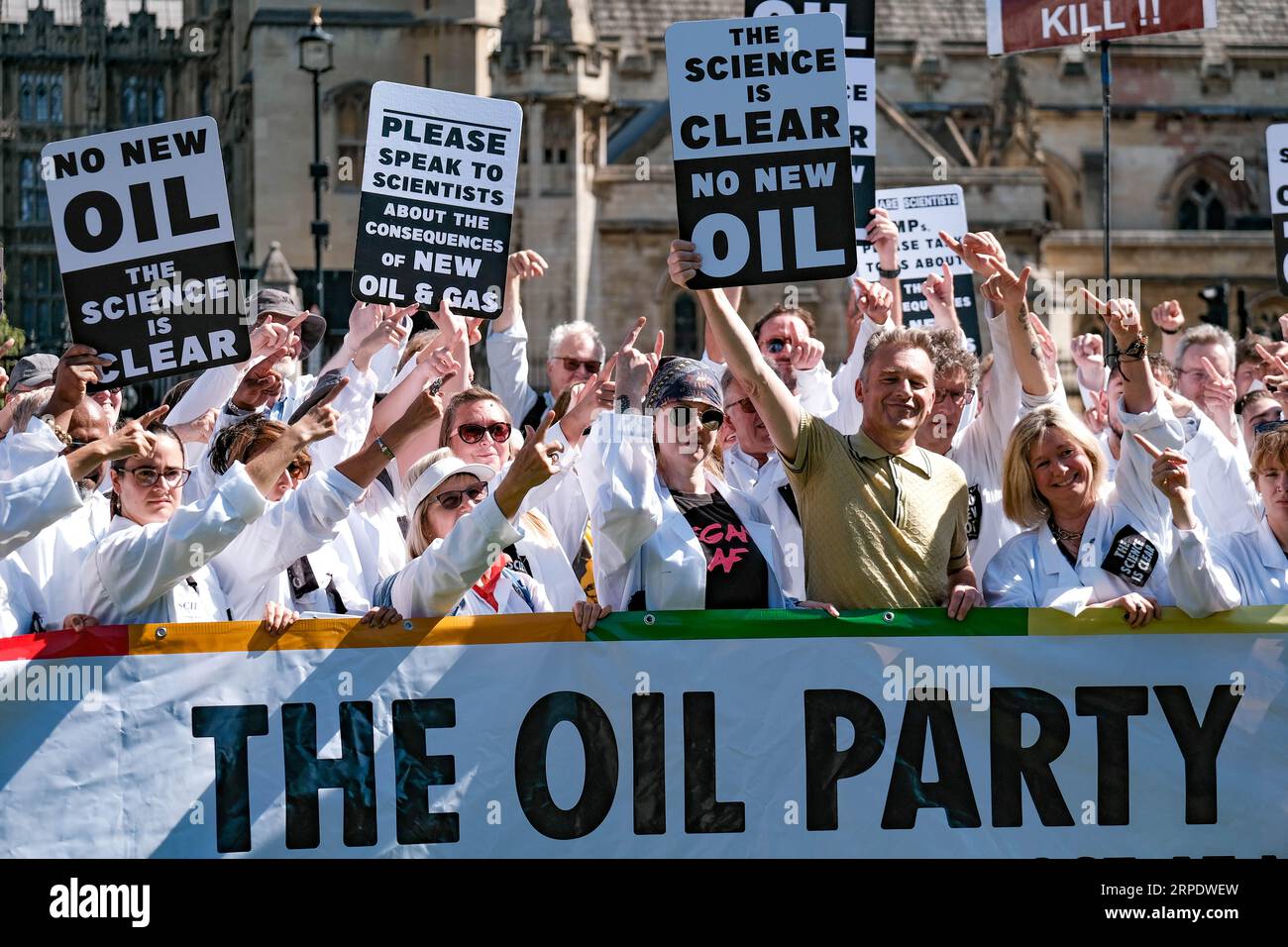 Parliament Square, London, UK. 4th Sept 2023. Campaigners including TV Celebrity and Wildlife Presenter, Chris Packham, and Jenny Jones, Baroness Jones of Moulsecoomb gather at the Houses of Parliament as MP’s return after the Summer Recess to protest against the Government issuing new licenses for oil and gas projects. Credit Mark Lear / Alamy Live News Stock Photo