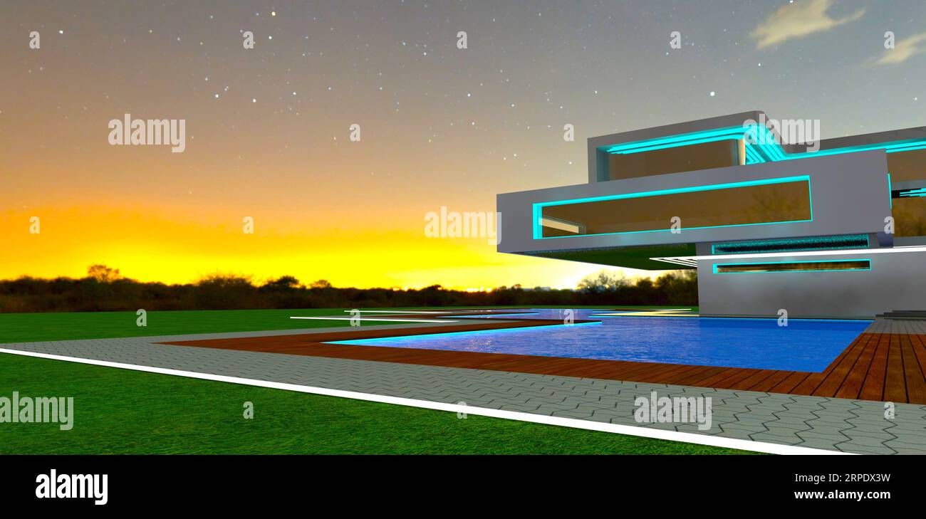 Orange sunset behind the advanced estate with turquoise illumination ...