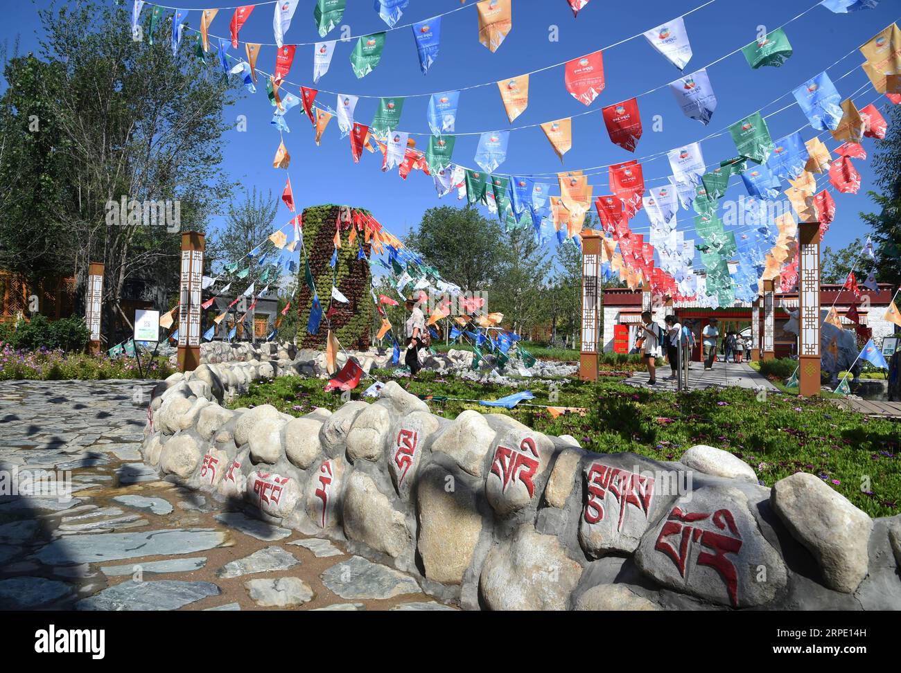 (190816) -- BEIJING, Aug. 16, 2019 -- Tourists visit the Tibet Garden at the Beijing International Horticultural Exhibition in Beijing, capital of China, Aug. 15, 2019. Tibet has seen significant progress in restoring biodiversity, with a forest coverage rate of 12.14 percent, said a white paper released in March this year by China s State Council Information Office. The population of Tibetan antelopes has grown from 60,000 in the 1990s to more than 200,000 and Tibetan wild donkeys have increased in numbers from 50,000 to 80,000, noted the document, titled Democratic Reform in Tibet -- Sixty Y Stock Photo