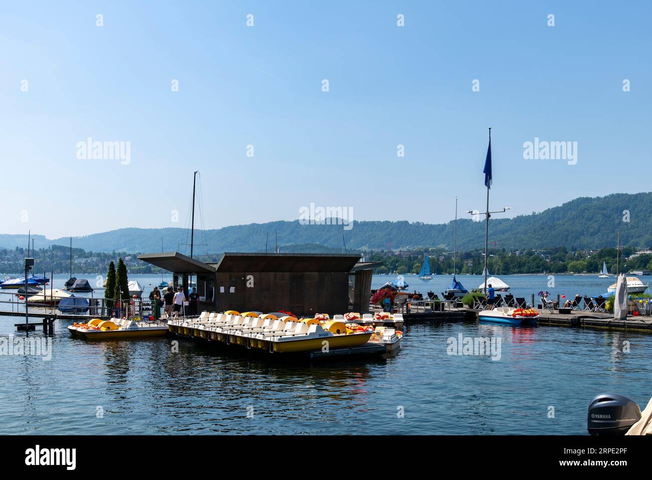 Zurich, SwitzerlandMay 27, 2023; Boat rental dock in Lake Zurich along