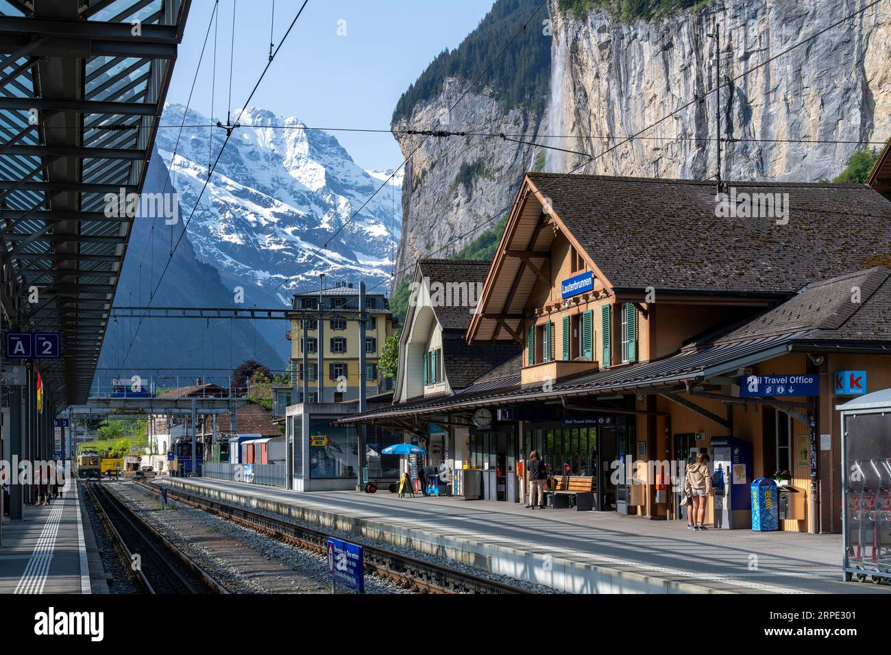 Lauterbrunnen, Switzerland-May 29, 2023; Platforms and train tracks of ...