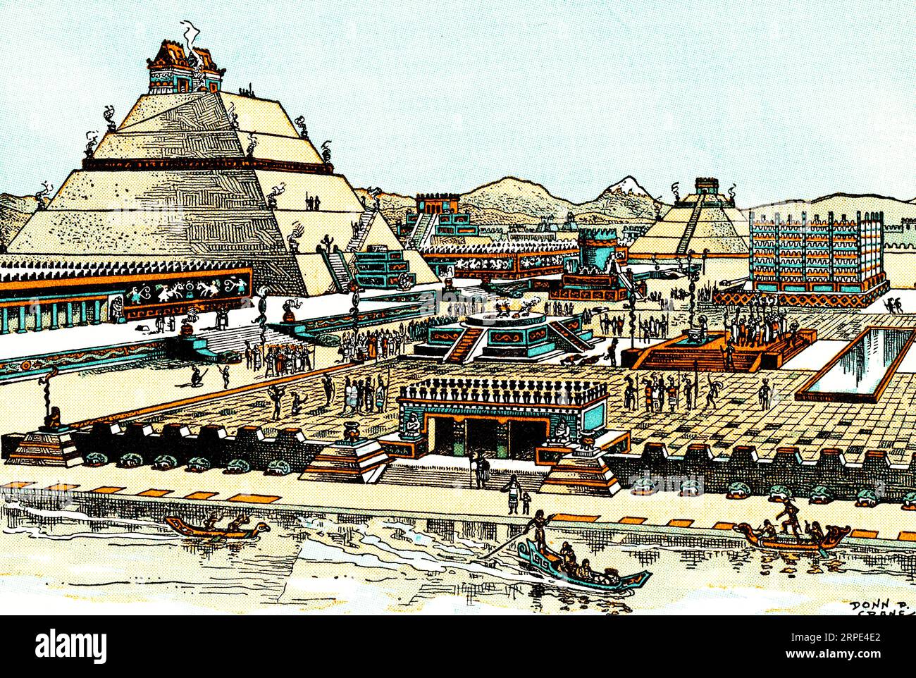 Reconstruction of the ceremonial center of Tenochtitlan, including the Templo Mayor. By Donn Philip Crane (1878-1944). Tenochtitlan, also known as Mexico-Tenochtitlan, was a large Mexican altepetl in what is now the historic center of Mexico City. The city was built on an island in what was then Lake Texcoco in the Valley of Mexico. The city was the capital of the Aztec Empire in the 15th century until it was captured by the Spanish in 1521. Stock Photo