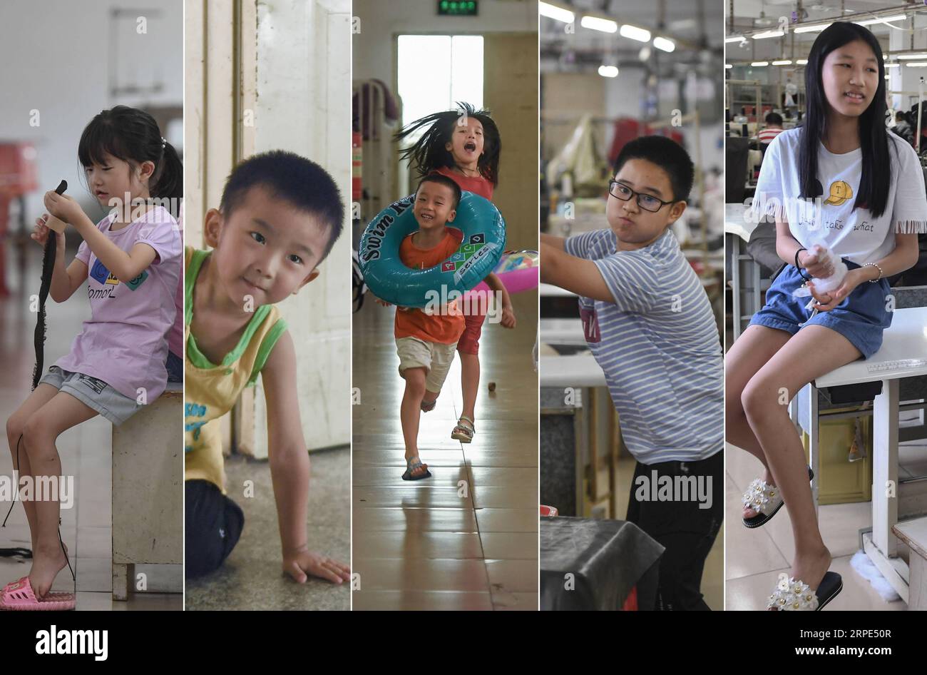 (190818) -- BEIJING, Aug. 18, 2019 -- Undated combo photo shows (L to R) Wang Jingjing in the top class in a kindergarten, Congcong in the middle class in a kindergarten, fourth-grader Lu Changli and first-grader Lu Penghan, sixth-grader Zhang Yu, seventh-grader Liu Lei at the workshop of a clothes factory in Shishi, southeast China s Fujian Province. The scorching heat has been engulfing Shishi of southeast China s Fujian this summer, leaving few walking on the usually-bustling streets. By contrast, clothes factories, which are densely dotted in the city, are crowded with people who have been Stock Photo