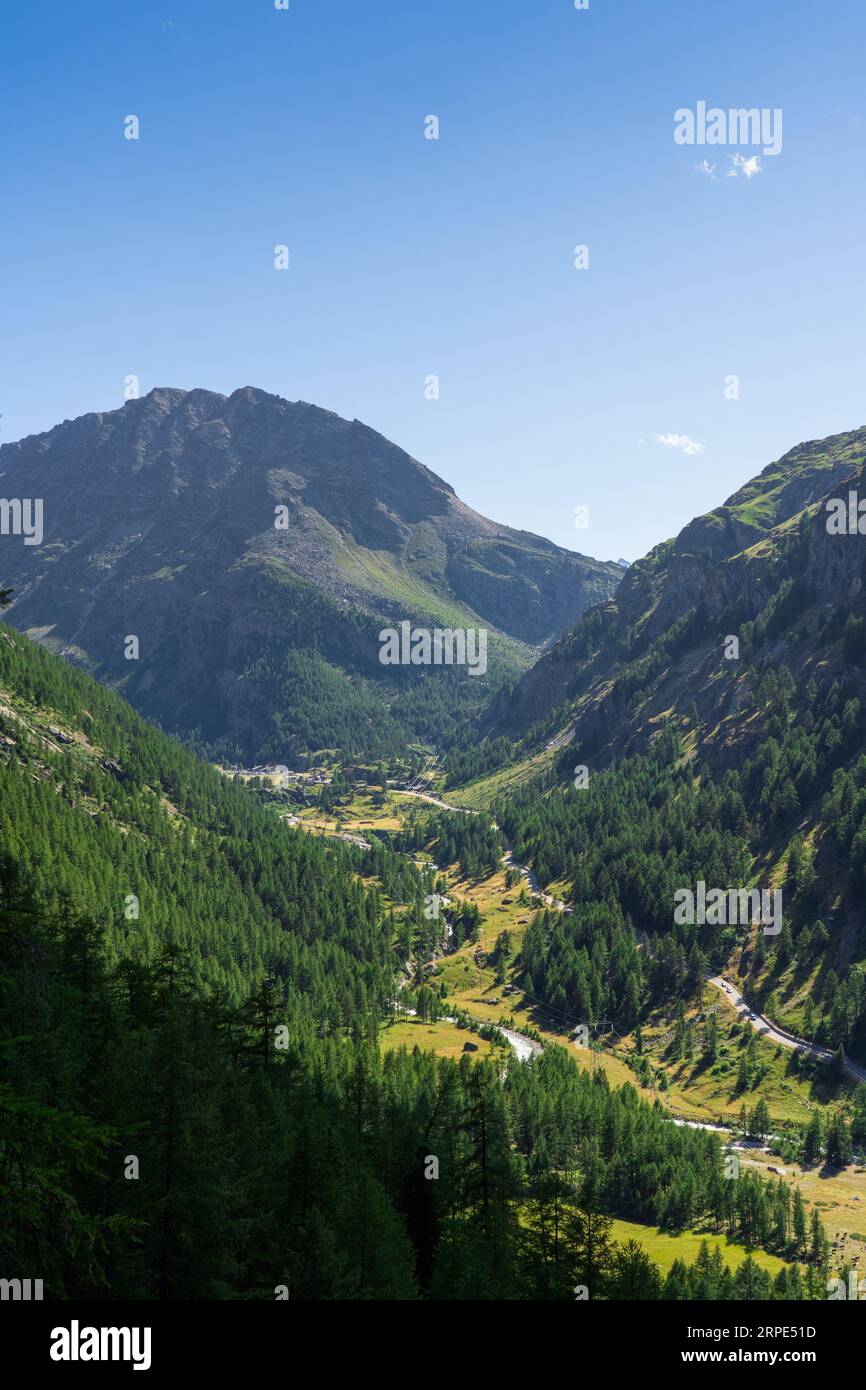 View of Valsavarenche Valley in summer, Gran Paradiso National Park (Aosta Valley, Italian Alps). Mountain landscape with blue sky and green forest Stock Photo