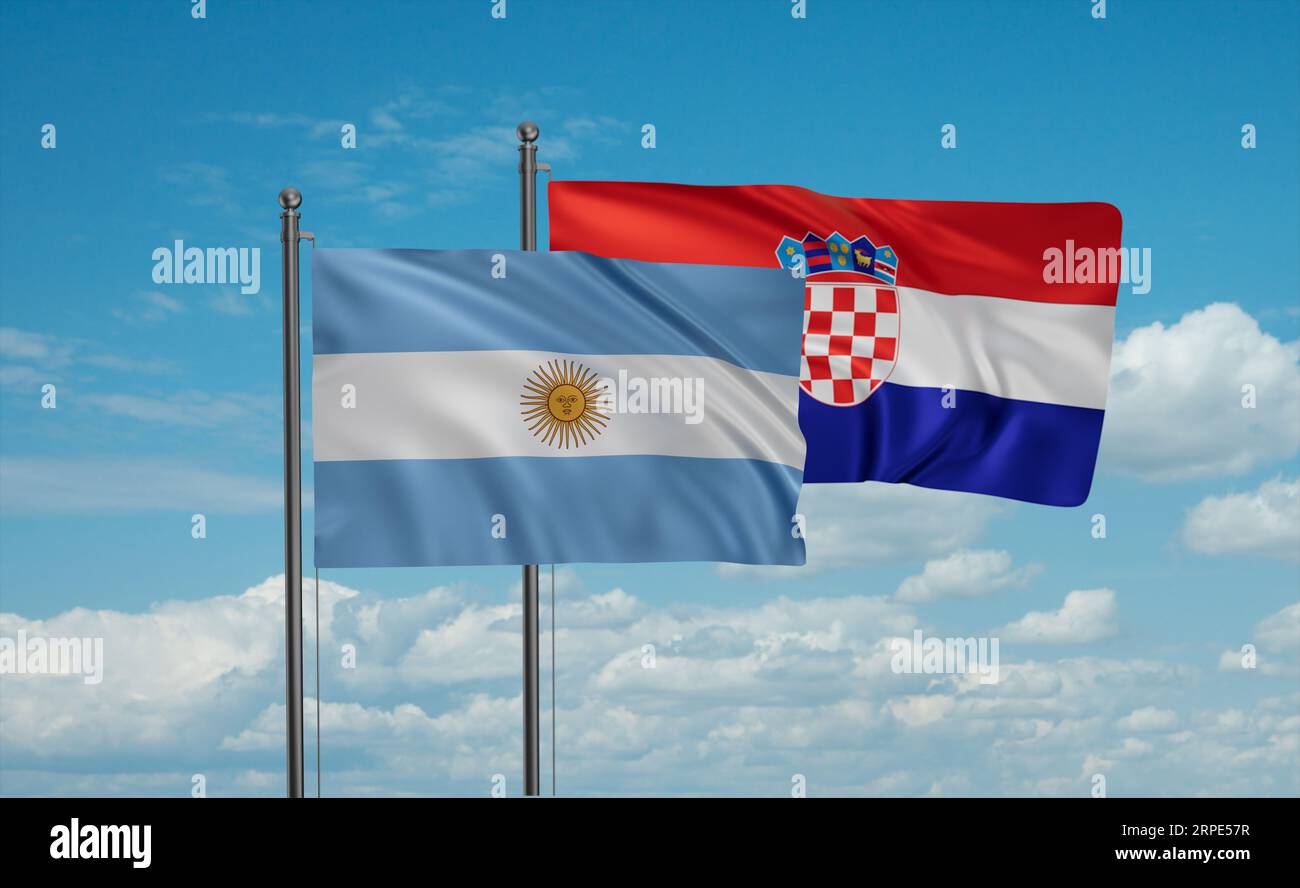 Croatia and Argentina flag waving together in the wind on blue sky, two ...