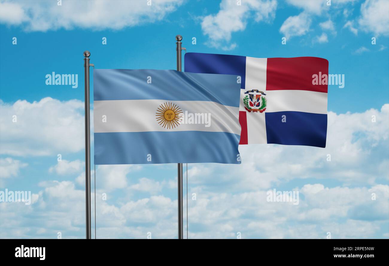 Dominican Republic flag and Argentina flag waving together on blue sky, two country cooperation concept Stock Photo