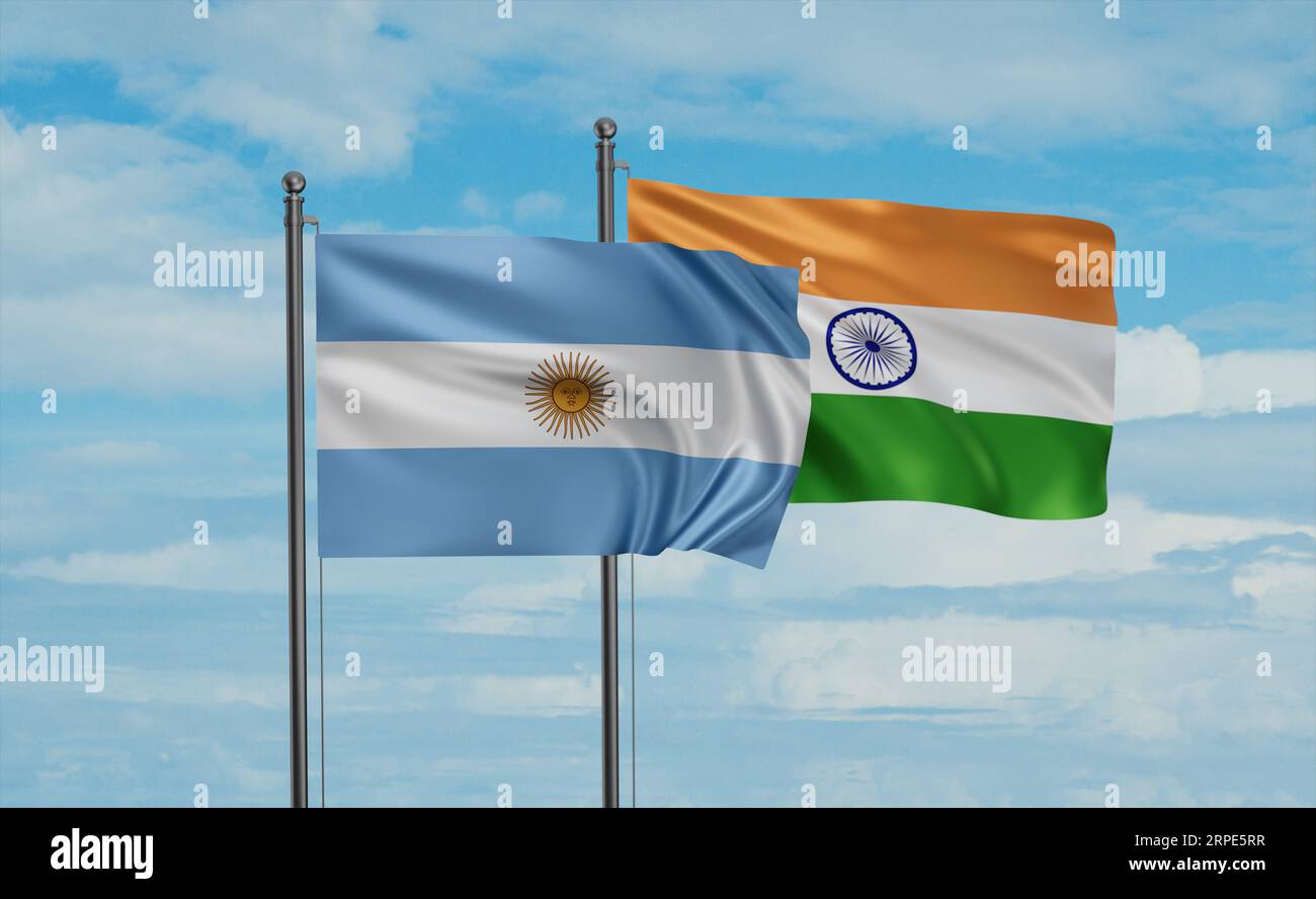 India flag and Argentina flag waving together on blue sky, two country ...