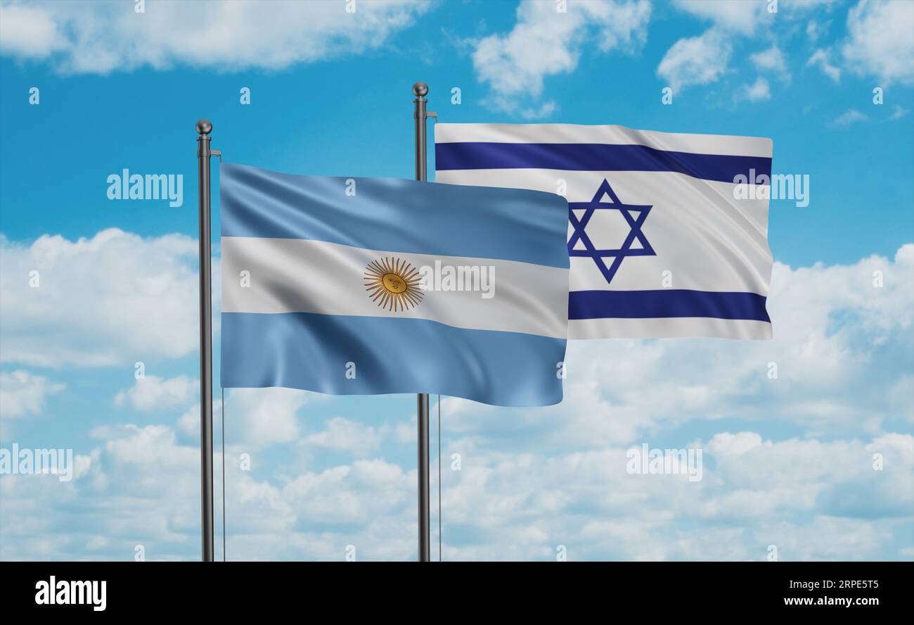 Israel flag and Argentina flag waving together on blue sky, two country ...