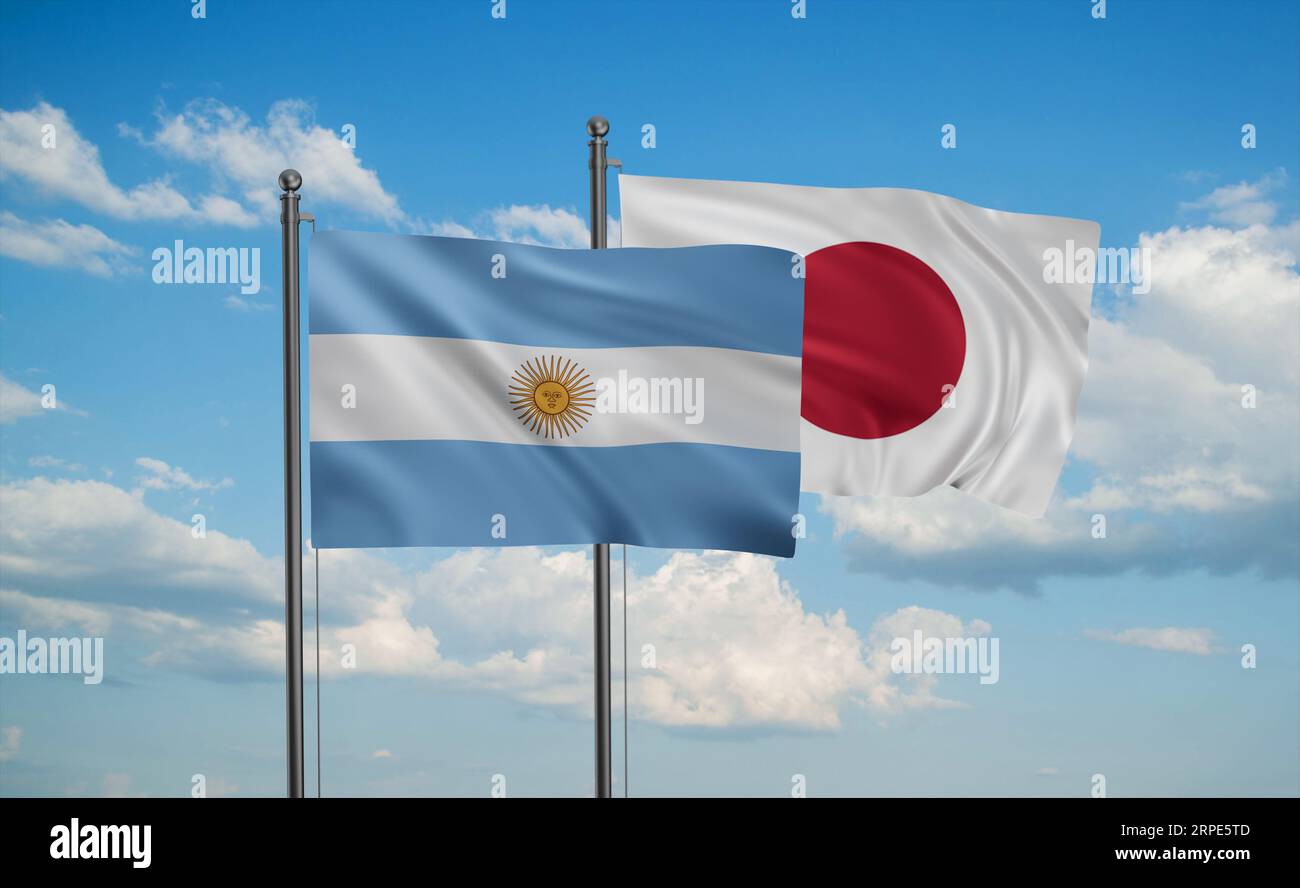 Japan flag and Argentina flag waving together on blue sky, two country ...