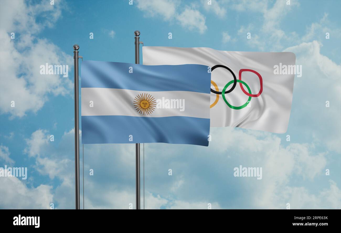 Olympic Games and Argentina flag waving together in the wind on blue ...