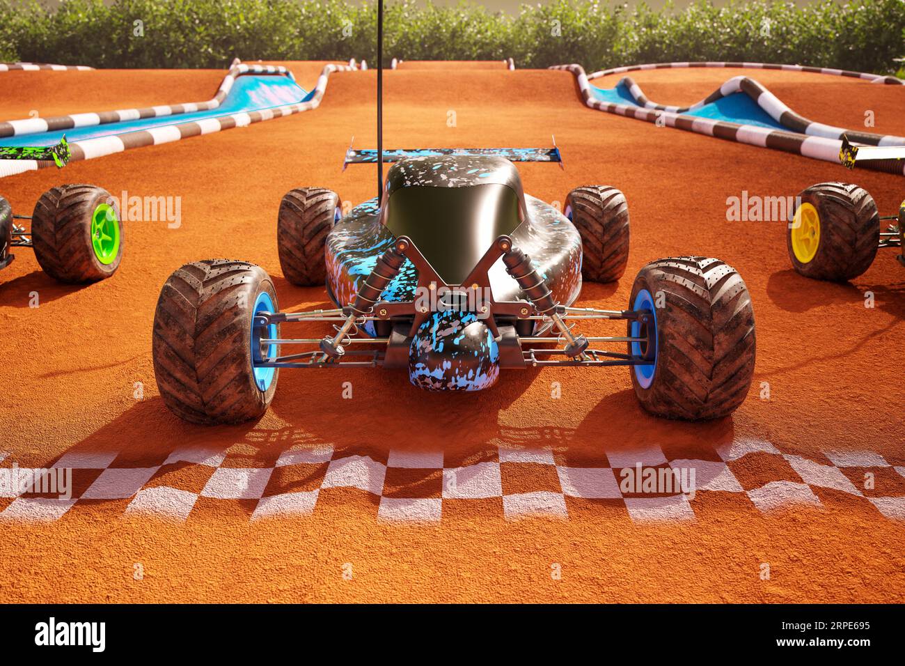 Three colourful RCcars standing on a start line, ready for fast a toy