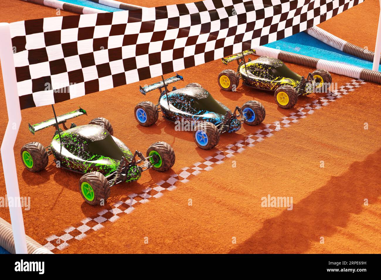 Three colourful RCcars standing on a start line, ready for fast a toy
