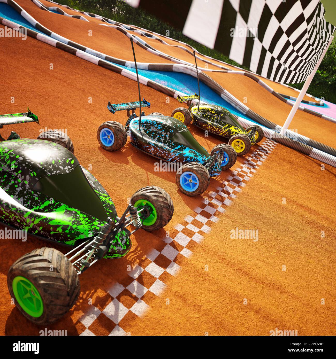 Three colourful RCcars standing on a start line, ready for fast a toy