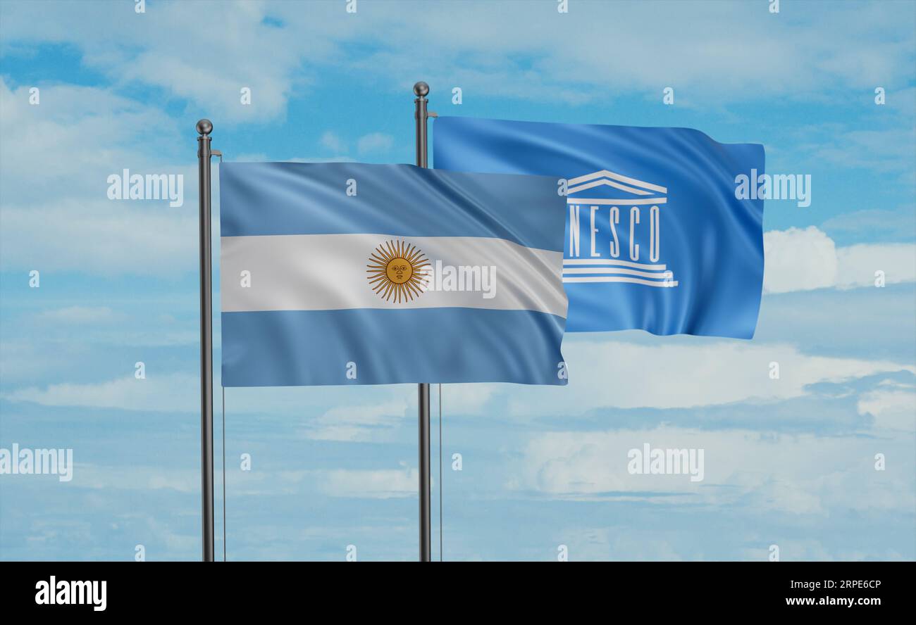 UNESCO and Argentina flag waving together in the wind on blue sky Stock ...