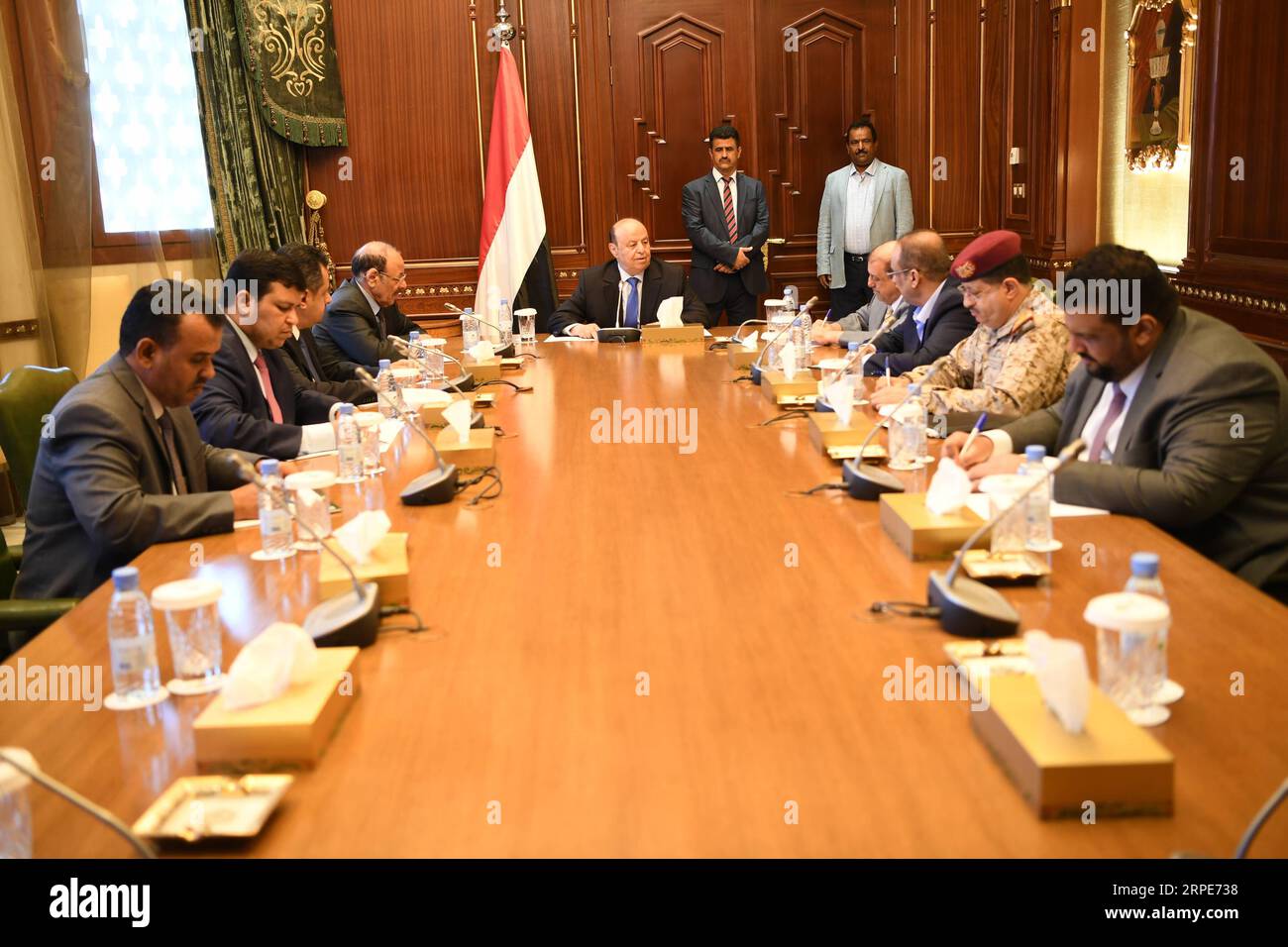 (190820) -- RIYADH, Aug. 20, 2019 () -- Yemen s internationally-backed President Abdu-Rabbu Mansour Hadi (C) chairs a meeting of the country s high-ranking officials in Saudi Arabia s capital of Riyadh, on Aug. 19, 2019, to discuss the situation in the southern port city of Aden. () SAUDI ARABIA-RIYADH-YEMENI PRESIDENT-MEETING Xinhua PUBLICATIONxNOTxINxCHN Stock Photo