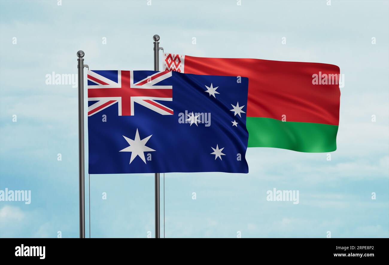 Belarus and Australia flag waving together in the wind on blue sky, two ...