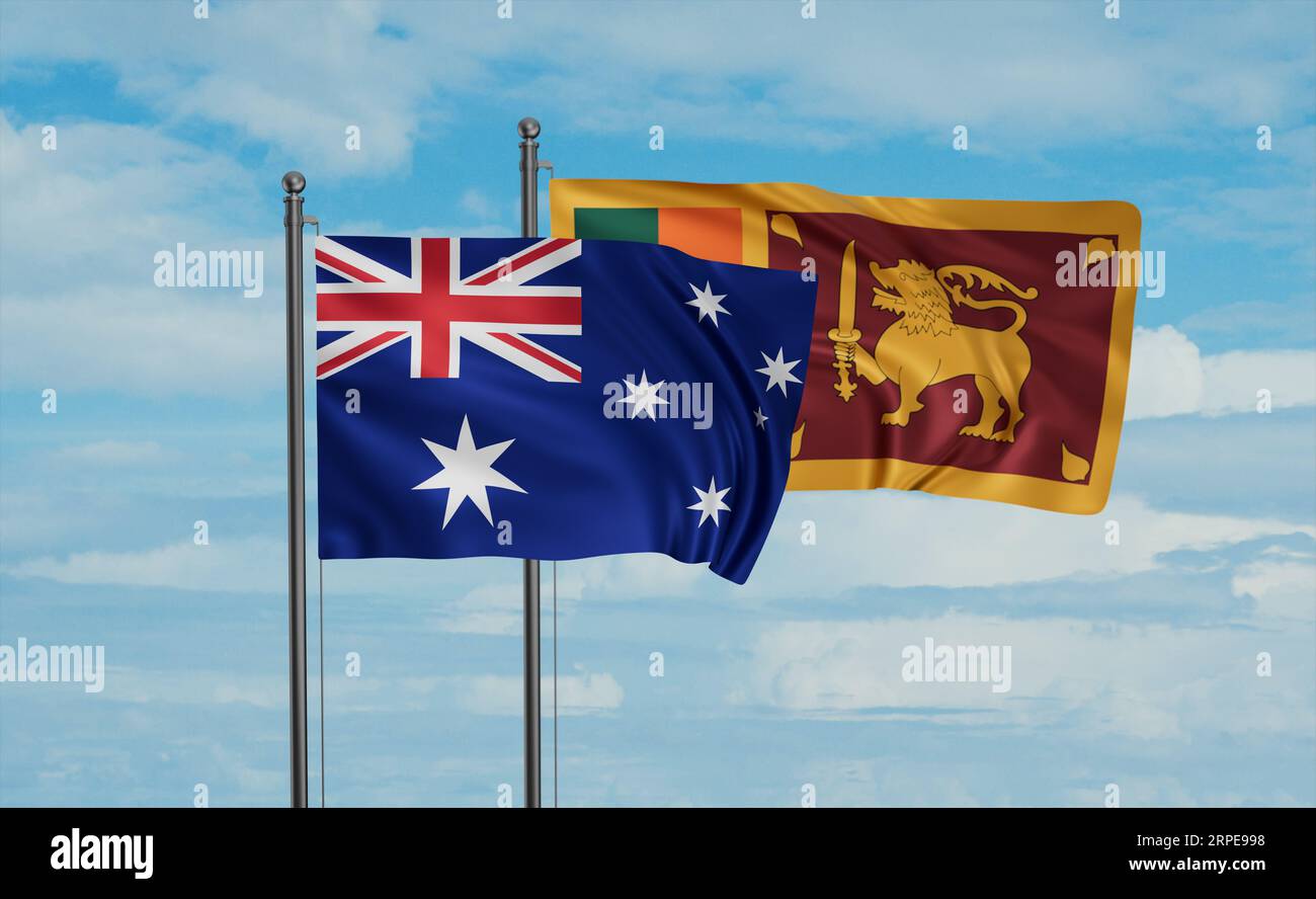 Sri Lanka and Australia flag waving together in the wind on blue sky ...