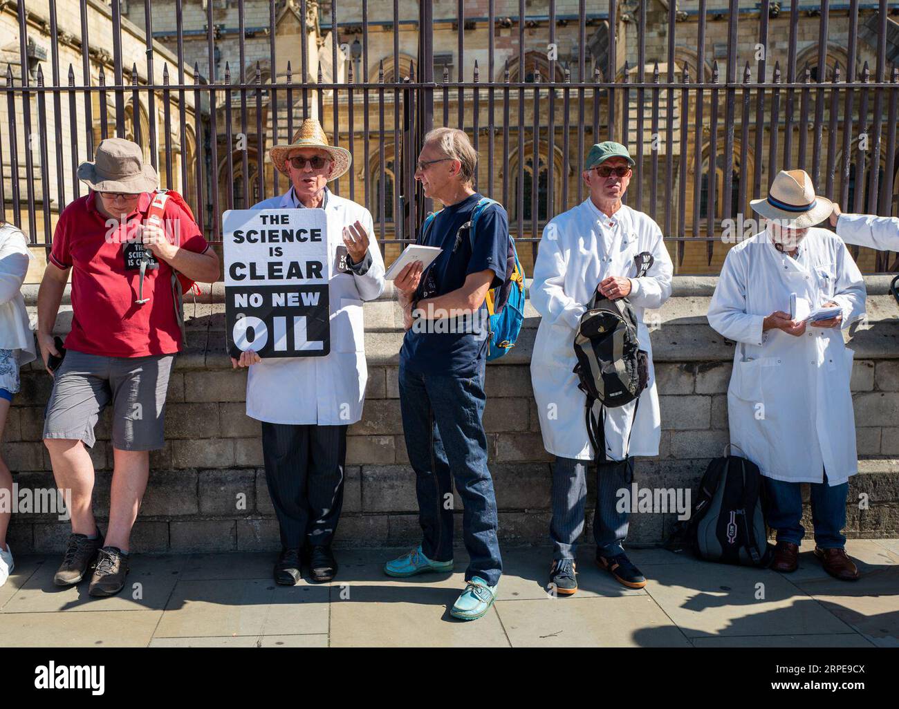 September 5, 2023: Scientists For Extinction Rebellion group protesting at Westminster today.Scientists are hoping to to deliver a clear message to British MP's to stop licensing the fossil fuel companies. Britain is committed to granting hundreds of licences for North Sea oil and gas extraction as part of efforts to become more energy independent, drawing criticism from environmental campaigners.Prime Minister Rishi Sunak confirmed plans for more than 100 such licences, which attracted bids earlier this year and said hundreds of future licenses could also be granted. (Credit Image: © Velar Gr Stock Photo