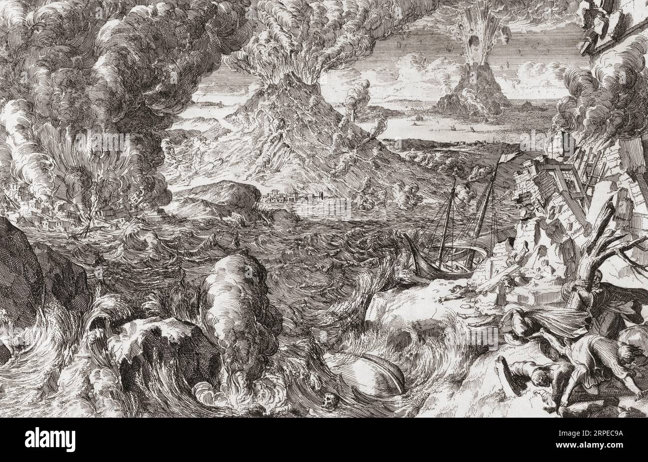 Volcanoes and storms, after an 18th century work by Romeyn de Hooghe.  Rather than concentrating on a particular incident or geographical location de Hooghe has created a thematic work demonstrating the worst that nature can do to man: volcanic eruptions, floods, storms, earthquakes Stock Photo