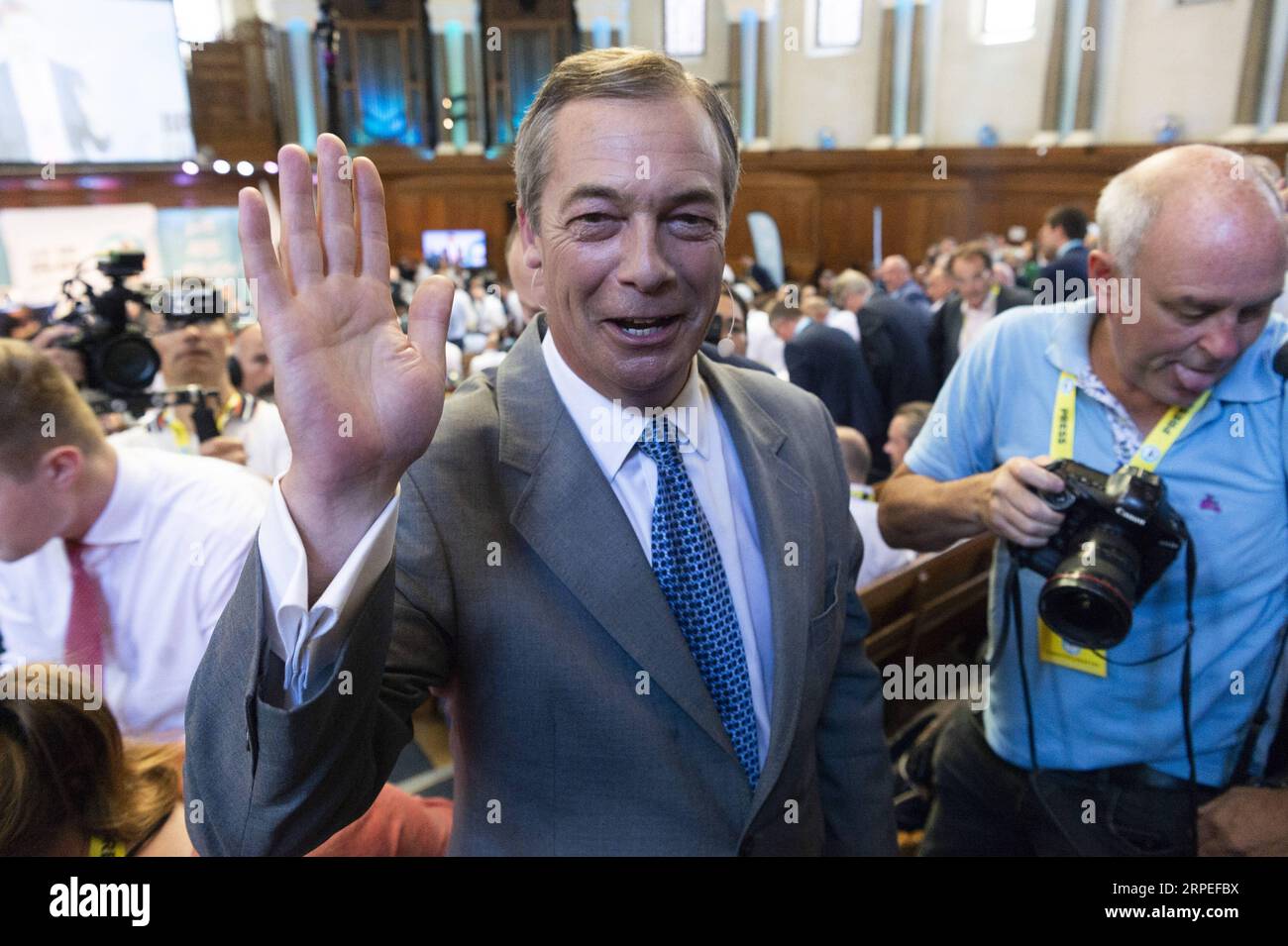 (190827) -- LONDON, Aug. 27, 2019 (Xinhua) -- Brexit Party leader Nigel Farage leaves after making a speech in London, Britain, on Aug. 27, 2019. Nigel Farage said the newly formed Brexit Party plans to contest all 650 parliamentary seats in a general election. Farage, who co-founded the anti-EU UKIP party, said the new Brexit party would be prepared to form a non-aggression pact with the Conservatives if Prime Minister Johnson pursues a no-deal Brexit. (Photo by Ray Tang/Xinhua) BRITAIN-LONDON-BREXIT PARTY PUBLICATIONxNOTxINxCHN Stock Photo