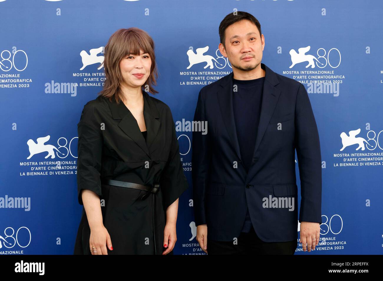 Eiko Ishibashi and Ryusuke Hamaguchi attend the photocall of 'Aku Wa Sonzai Shinai (Evil Does Not Exist)' during the 80th Venice International Film Festival at Palazzo del Casino on the Lido in Venice, Italy, on 04 September 2023. Stock Photo