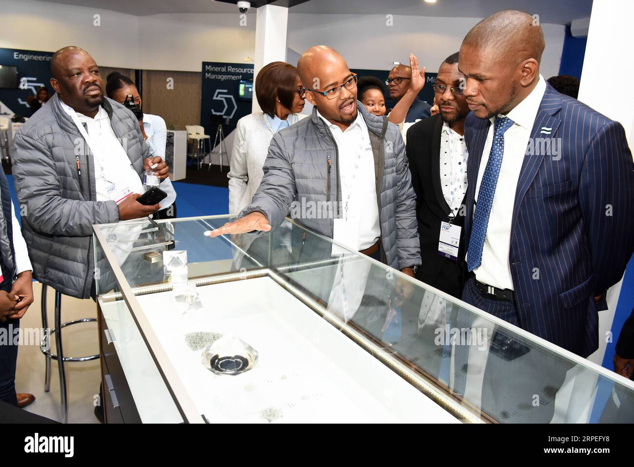 (190828) -- GABORONE, Aug. 28, 2019 -- Dignitaries learn about diamonds of Diamond Trading Company Botswana at the ongoing 2019 Botswana Consumer Fair in Gaborone, capital of Botswana, on Aug. 27, 2019. The week-long event, now in its 14th year, kicked off here on Monday. The consumer fair has attracted 510 exhibitors from Southern Africa nations and beyond. BOTSWANA-GABORONE-CUSTOMER FAIR yangmengxi PUBLICATIONxNOTxINxCHN Stock Photo